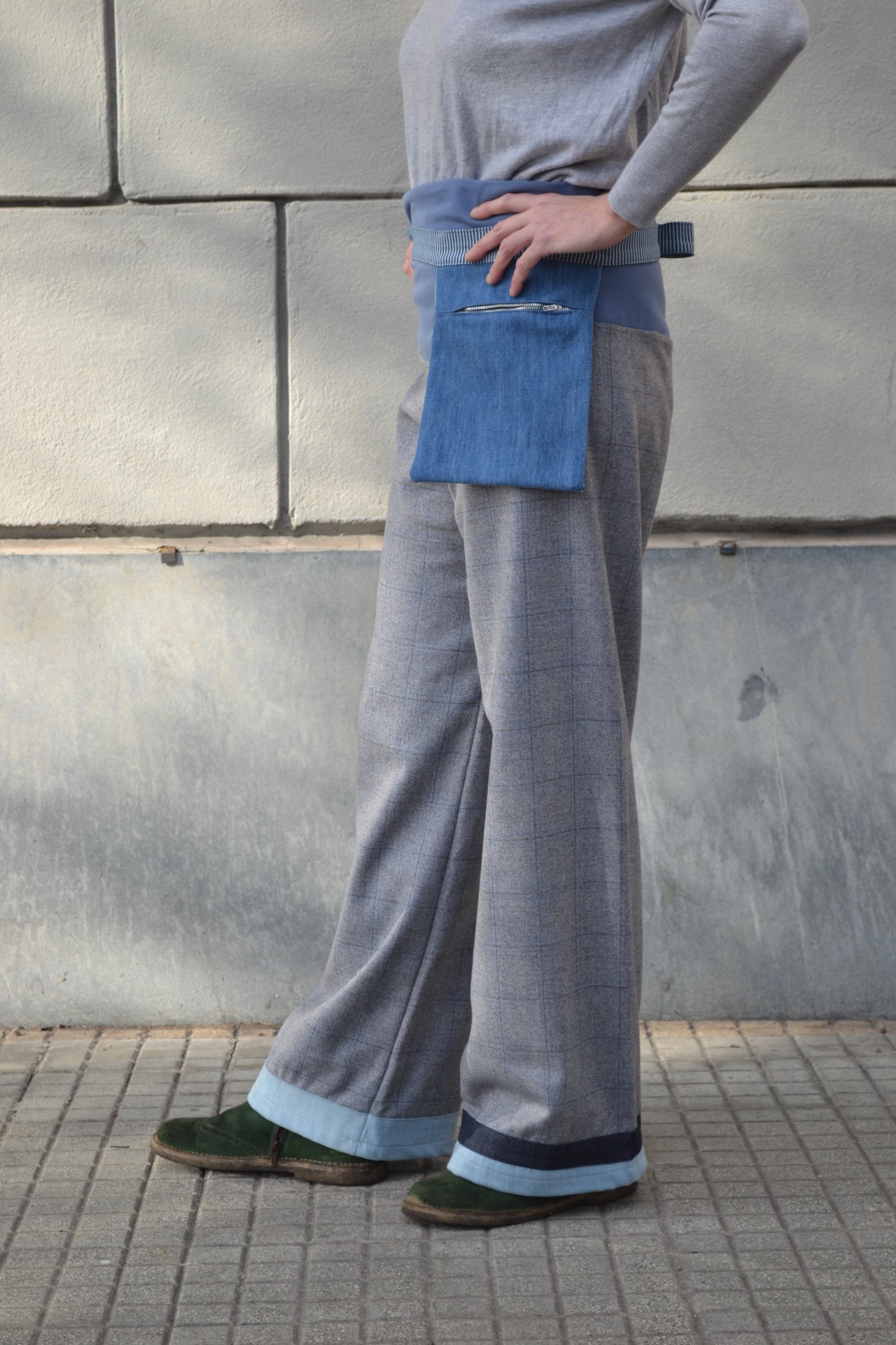 Pantalone Greta quadro grigio e denim